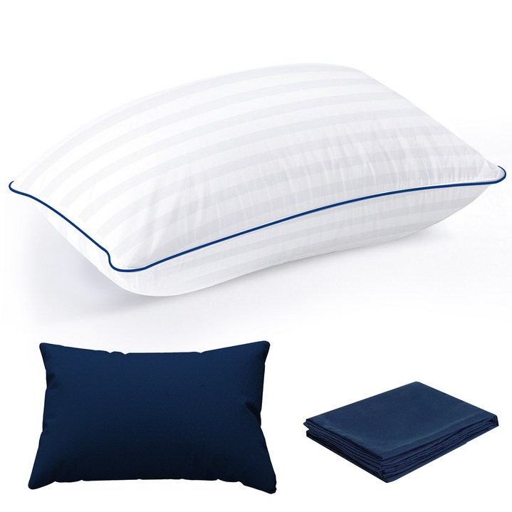 가정용 코튼 베개 베개 와 베개커버, 화이트+블루, 1세트