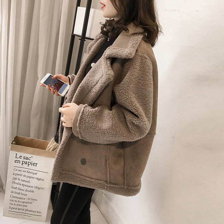 여성 오버핏 캐주얼 양털 라이더 자켓 겨울 가죽 플리스 일체형 재킷 패션 양털 후드집업