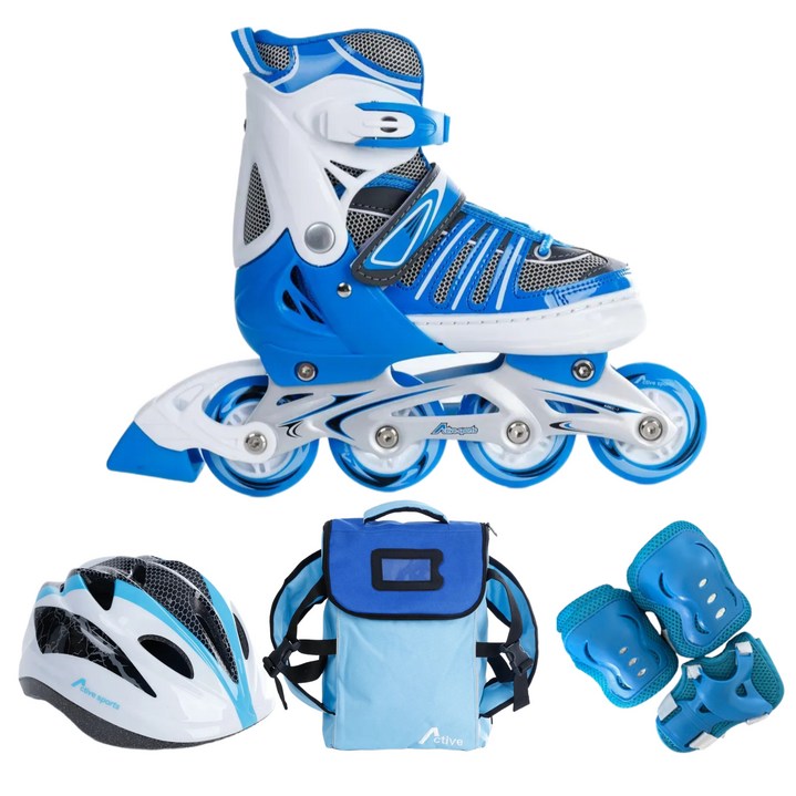 인라인세트 사이즈 조절형 아동용 발광바퀴 인라인 스케이트헬멧보호대가방, 에이스 블루, 1개