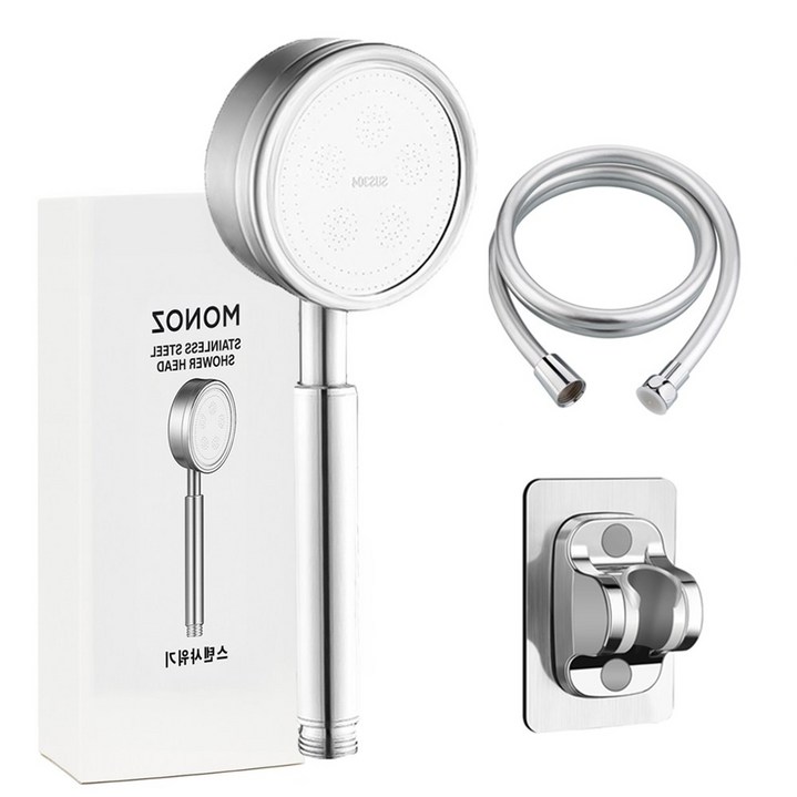 모노즈 수압상승 스텐 샤워기헤드 + 2m 호스 거치대 세트, 실버, 1개