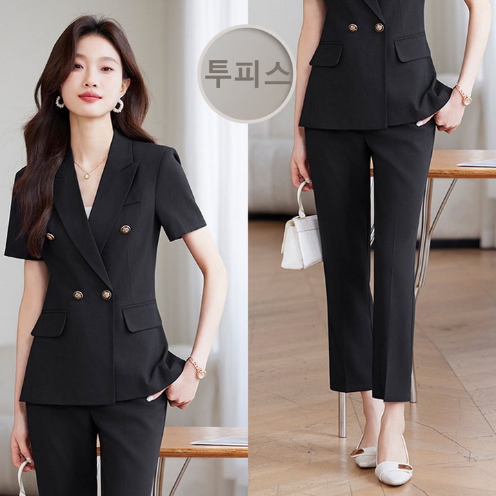 COSYEVNO 여름 여성 정장 세트 반팔 코트바지 오피스룩 슬림핏 면접 트렌드 시크 직장인 투피스
