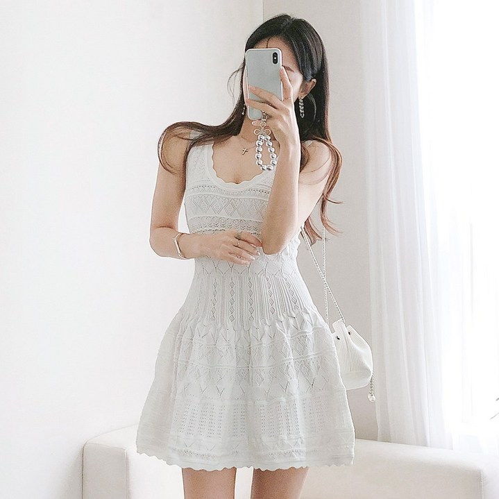 요시아나 [당일발송] 귀여운 이델라 민소매 플레어 니트 미니 원피스 2컬러