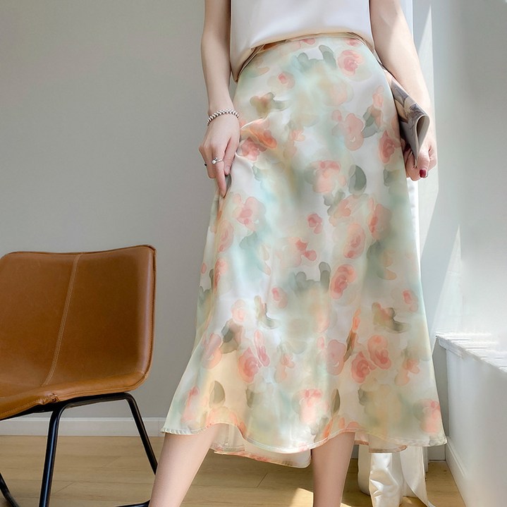 실크 새틴 봄여름 여성 반바지 스커트 기품 있는 프린트 프랑스식 우산 스커트 루즈핏 하이웨이스트 무릎 위 A라인 스커트