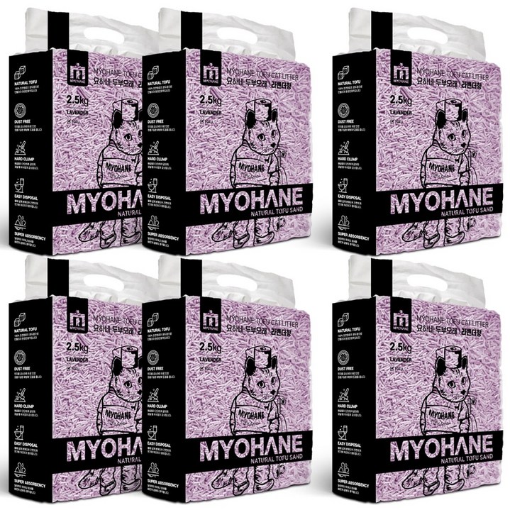 묘하네 고양이 두부모래 (15kg) 천연원료 가는입자, 2.5kg, 6개, 두부모래 라벤더향