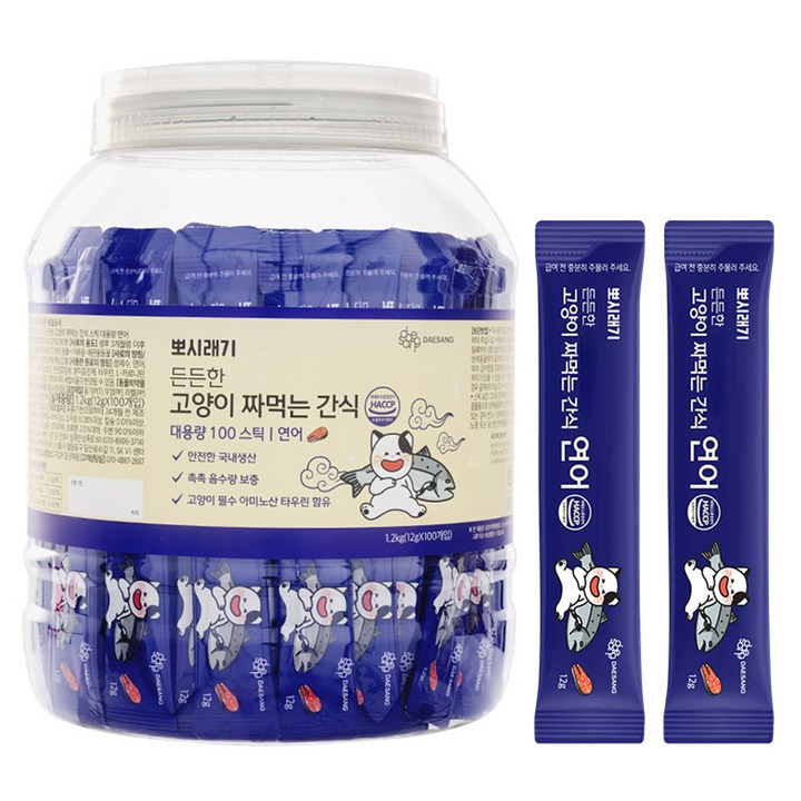 뽀시래기 든든한 고양이 짜먹는 간식 스틱 대용량, 연어, 12g, 100개