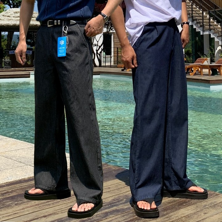 남자 핀턱 뒷밴딩 세미와이드 생지 쿨 여름 데님 청바지 팬츠