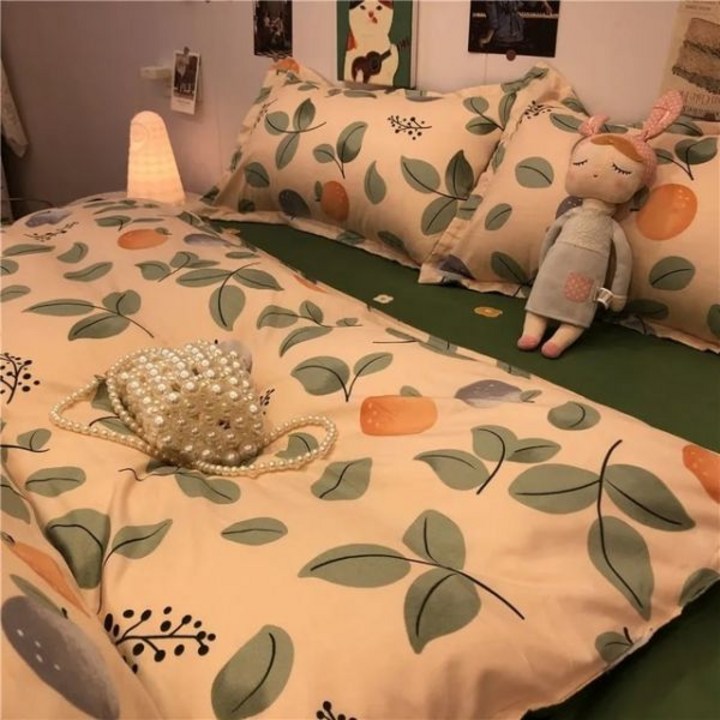 목가적 인 스타일 녹색 꽃 무늬 이불 커버 베개 케이스 공주 침대 시트 키즈 소녀 침구 세트 킹 퀸 귀여운 카와이