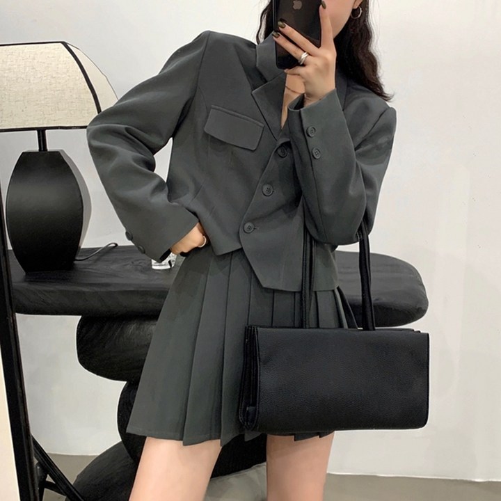 투피스 세트 크롭 자켓 플리츠 미니 스커트 여성 정장 셋업 투피스 세트 크롭 자켓 플리츠 미니 스커트 여성 정장 셋업
