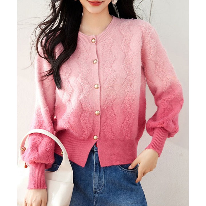 루씨앤 마그마 라운드넥 긴팔 핑크 그라데이션 니트 여성 가을 겨울 가디건  D3533