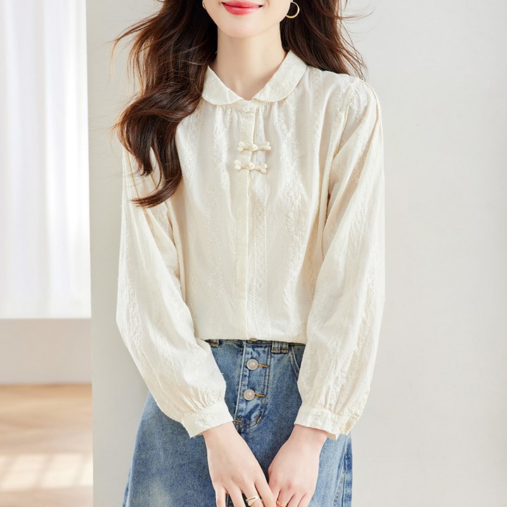 PETITBATH여성 자수 블라우스 카라 퍼프 소매 데일리 상의WZS60301