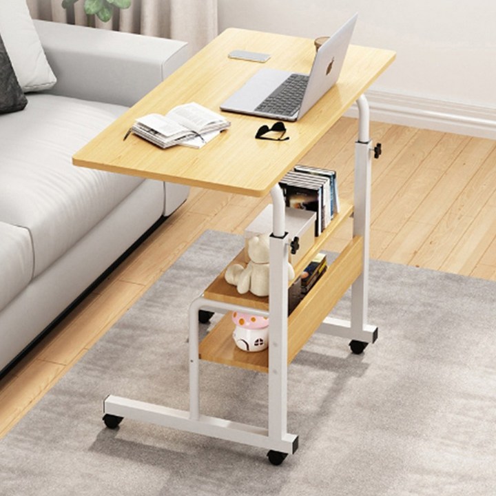 이동식 사이드 테이블 선반형 침대 소파 보조 간이 책상 높이 높낮이 조절, 소형 화이트