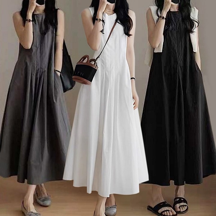 모던허니 여름 핀턱 민소매 A라인 롱 원피스 하객룩 플레어