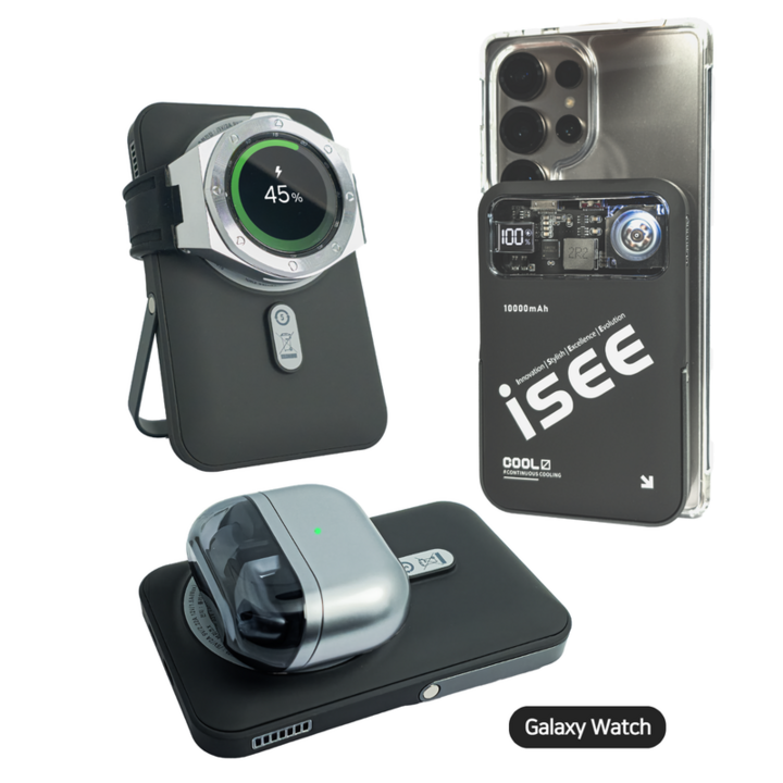 isee 아이시3in1대용량 쿨링 맥세이프 터보 냉각팬 거치대 무선고속충전 리튬 폴리머 보조배터리 10000mAh, 블랙갤럭시워치 전용