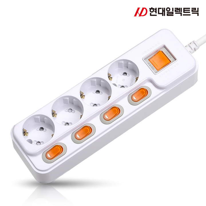 현대 국산 접지 개별 +과부하차단 스위치 멀티탭 멀티콘센트 4구 (16A), 1개, 화이트, 1.5m