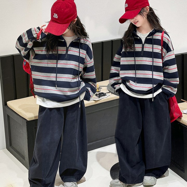 비비키드 여아 신상 겨울 기모 초등생 단가라 반집업 긴팔 줄무늬 상의 초중생 하의 긴바지 주니어 세트 초등생 상의하의 77782