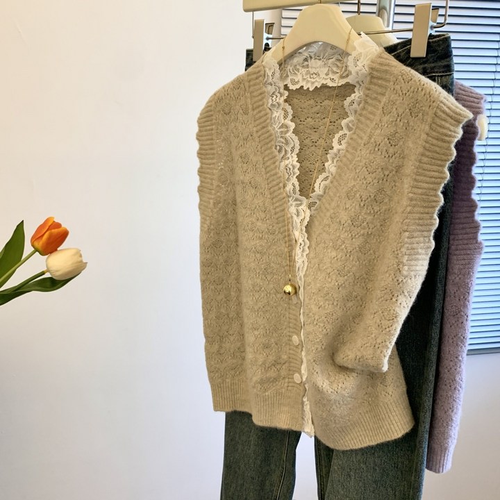봄 가을 여성 트위드 조끼 캐주얼 민소매 카디건 코트 루즈핏 소향풍 조끼 자켓 기질 레이스 패치 브이넥 니트 베스트 ZZL