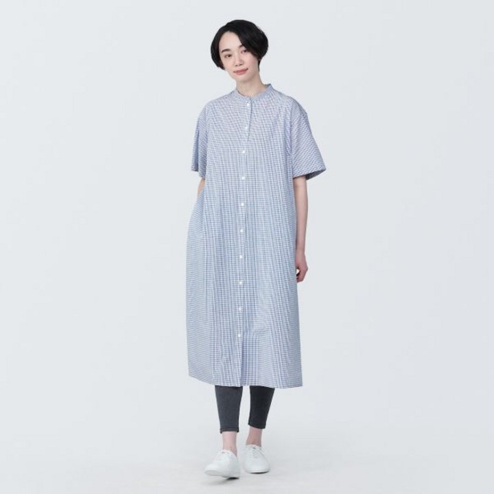 무인양품 MUJI 여성 시원한 브로드 스탠드 칼라 반소매 원피스 BC2IJA4S 136501