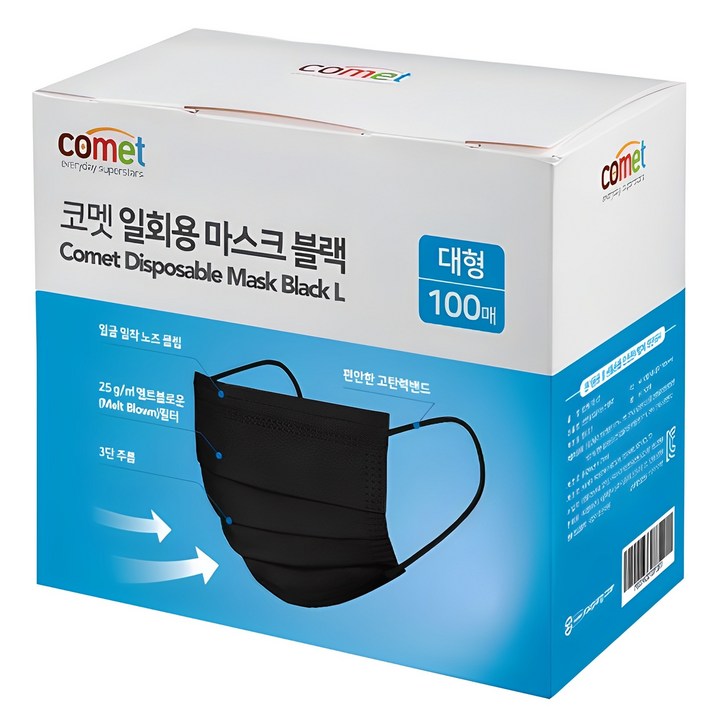 코멧 일회용 마스크, 100개입, 1개, 블랙 코멧 일회용 마스크, 100개입, 1개, 블랙