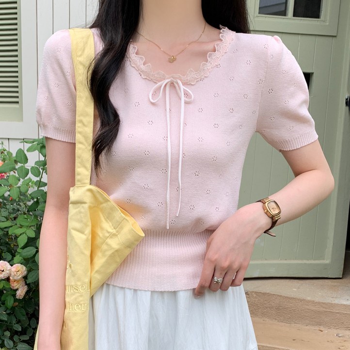 라라티나 여성용 리본 레이스 반팔 니트