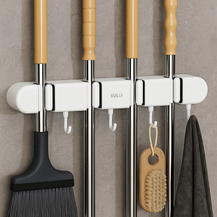 위더스 원터치 무타공 멀티 도구걸이 청소도구 거치대 4구, 화이트, 1개