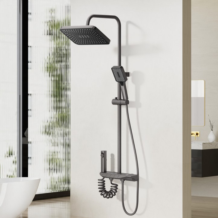 샤워 세트, 사각 해바라기 샤워기, 다기능 수도꼭지, 버튼 전환, 회색, 1세트