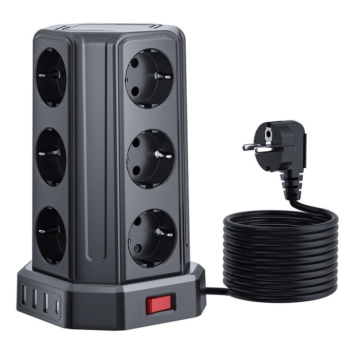 Sameriver 타워형 전원 스트립, USB 포트 4개 포함최대 3.4A16W 의 USBA 3 USBC 전기 소켓 12구, 스위치 4개, 3M 케이블,KC 인증서 취득, 1개, 검은색, 3m