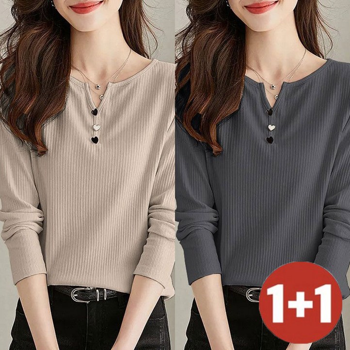 TKX 11 여성 가을 간절기 긴팔 티셔츠 단추 장식 브이넥 슬림핏 캐주얼 상의 K37