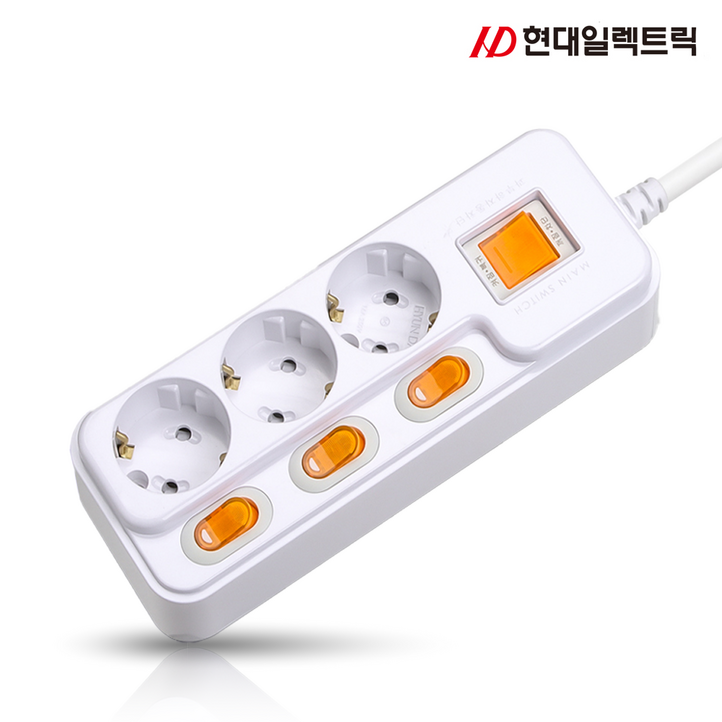 현대 국산 접지 개별 과부하차단 스위치 멀티탭 멀티콘센트 3구 16A, 1.5m, 화이트, 1개