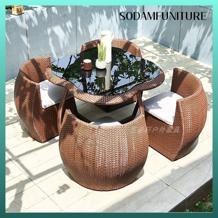 라탄 야외 테이블의자 세트 공간절약 조합형 고급 실외 전원주택 마당 수영장 호텔 정원