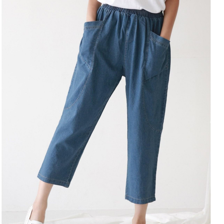 나니까 여성용 스티치 데님팬츠 키작녀청바지 밴딩 배기 항아리 청바지