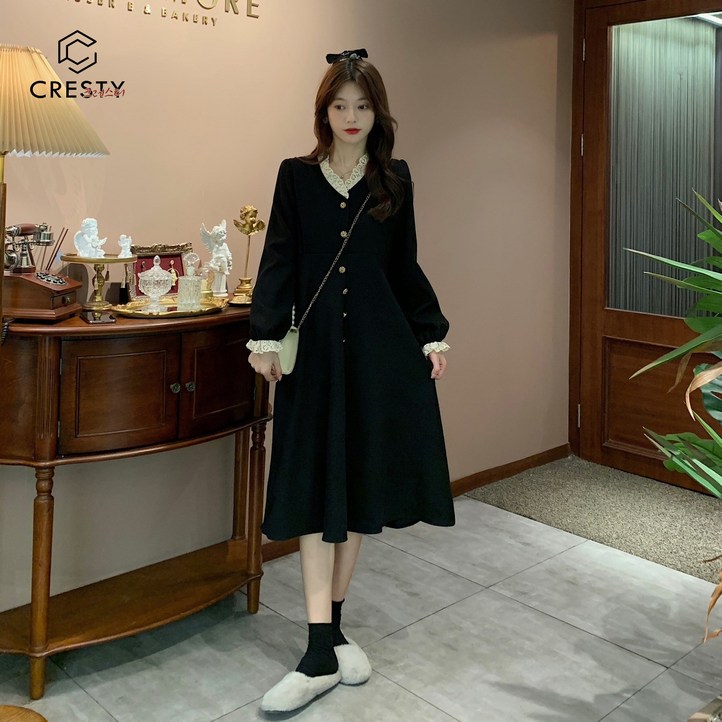 CRESTY 여성 가을 겨울 긴팔 코르덴 롱 원피스