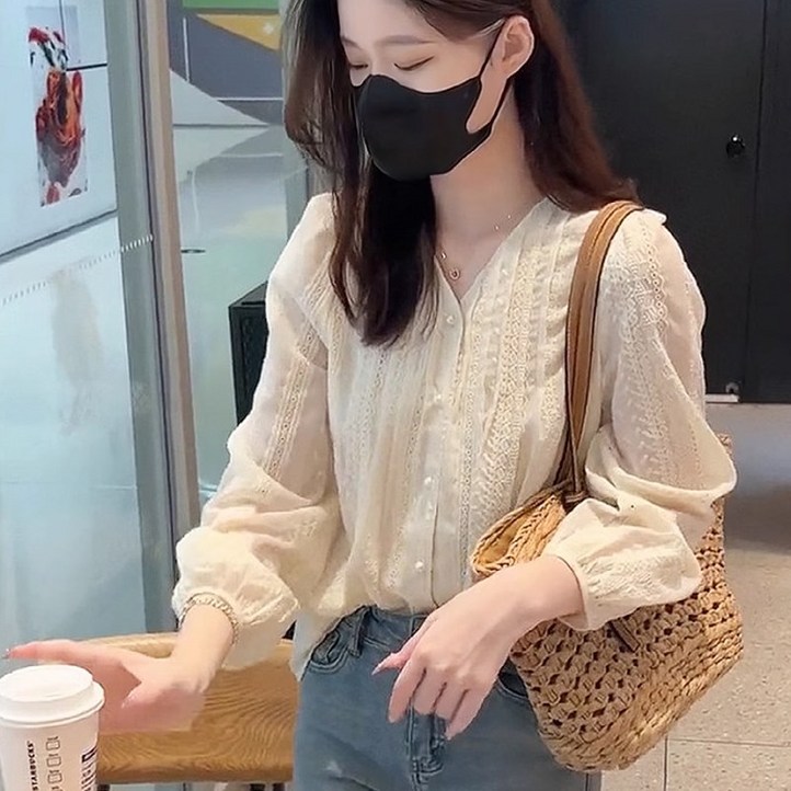 가을 신상 레이스 이너 블라우스  I  여성 V넥 쉬폰 레이스 블라우스, 가볍고 슬림핏 긴팔 셔츠 트렌디한 데일리 상의