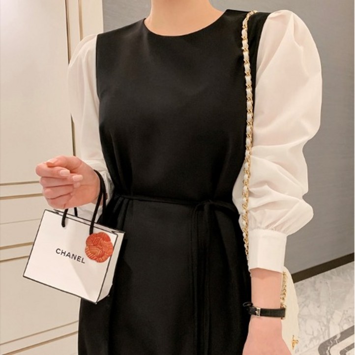 3월하객룩 상견례 아나운서 피로연 하객룩 투피스형 하객 퍼프 소매 원피스