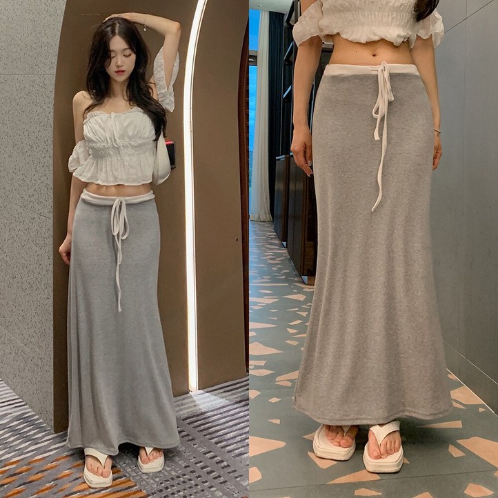 워너비뮤즈   숏롱 로우라이즈 배색 트레이닝 맥시 스커트