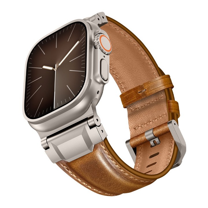 애플워치 가죽 스트랩 천연 소가죽 울트라 호환 클래식 스타일 시계줄, 1개, 티타늄빈티지 브라운