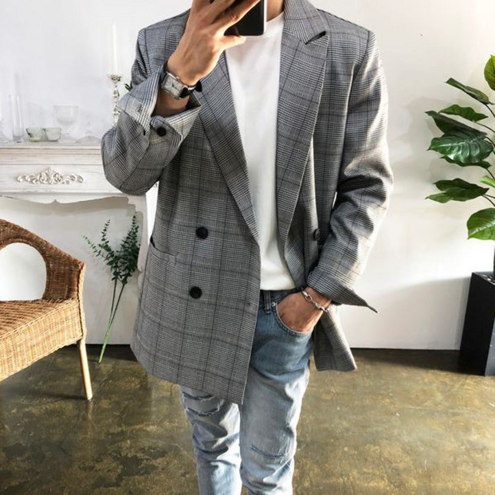웨일즈 오버핏 투버튼 체크 더블 자켓 블레이저2 Colors95110