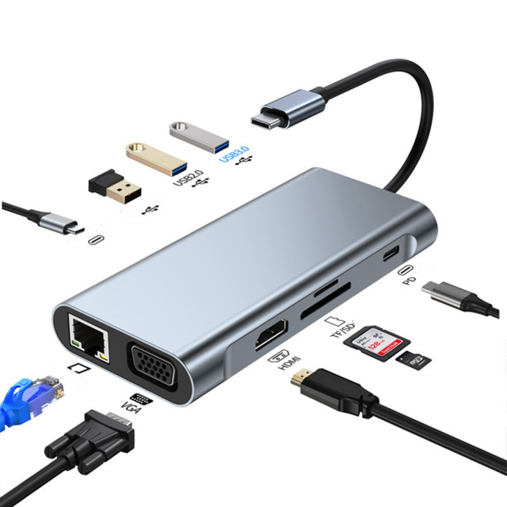 큐앤씨 10포트 ,11포트 12포트 노트북 스탠드형 USB ,VGA, AUX,HDMI,PD100W, C타입 멀티 허브, 10 in 1, 1개