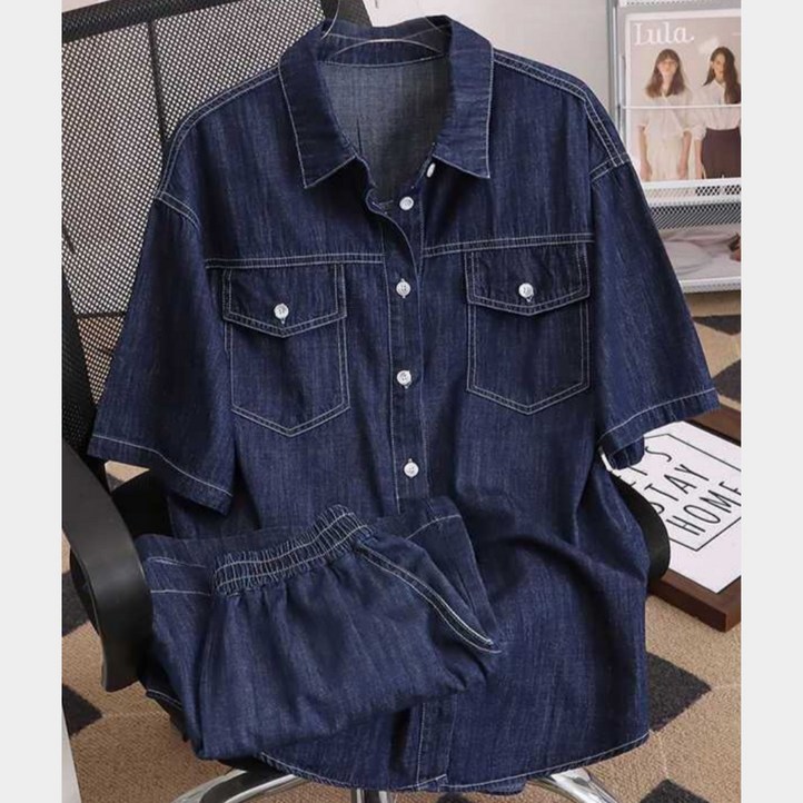 호미존 여성 여름 데님 청 반팔 티셔츠 밴딩 반바지 투피스 세트 캐주얼 셋업 빅사이즈