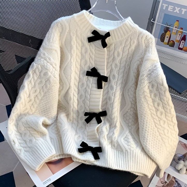 WA365 벨벳 리본 꽈배기 니트 가디건 여성용 라운드넥 케이블 똑딱이 루즈핏 연말룩 데이트룩