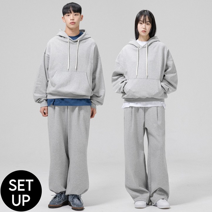 SET 기모 그랜피니 남여공용 프리미엄 베이직 무지 오버핏 벌룬 스웻 후드 원턱 밴딩 스트링 와이드 조거 트레이닝 밴딩 팬츠 세트