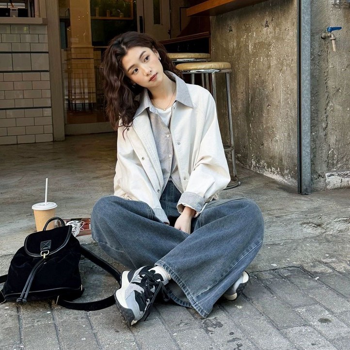 MAKABORO 여성 레이어드 자켓 봄가을 체크 패치 루즈핏 카라넥 캐주얼 자켓