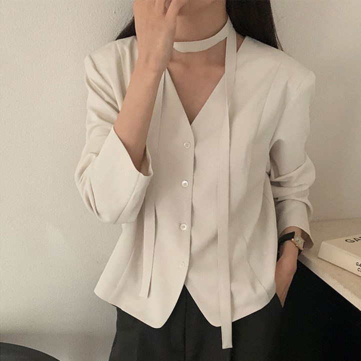 당일출고 비침X어깨퍼프허리잘룩하객룩고퀄 타이 브이넥 긴발블라우스리본소프트 스카프 결혼식하객룩 스트랩 크롭정장출근룩 블레이저 벚꽃룩봄못 청순빅사이즈 셔링벨트쉬폰