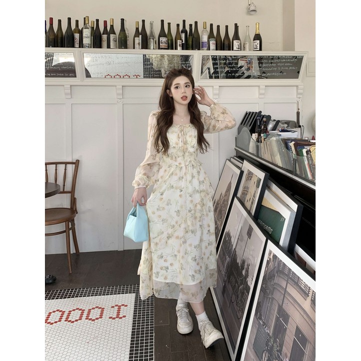 시폰원피스 큰 사이즈 프랑스 불규칙한 꽃 드레스 여성 2023 여름 새로운 스퀘어 넥 허리 슬리밍 쉬폰 롱 스커트 - 투데이밈