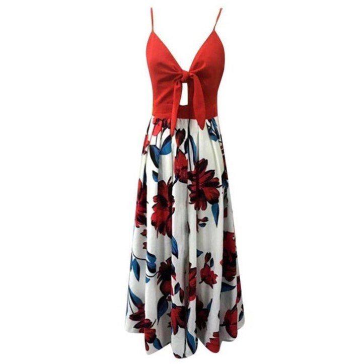 진스온 민소매 비치 원피스 드레스 여성용 슬링 롱 여름 꽃무늬 넥 파티 프린트 맥시 캐주얼 패션