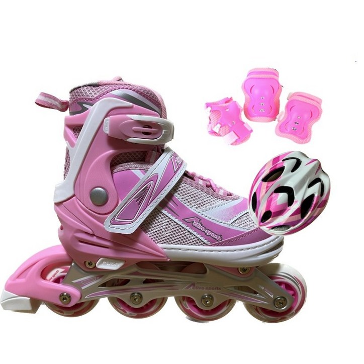 인라인세트 사이즈 조절형 아동용 발광 인라인 스케이트보호대헬멧, 스마트 핑크