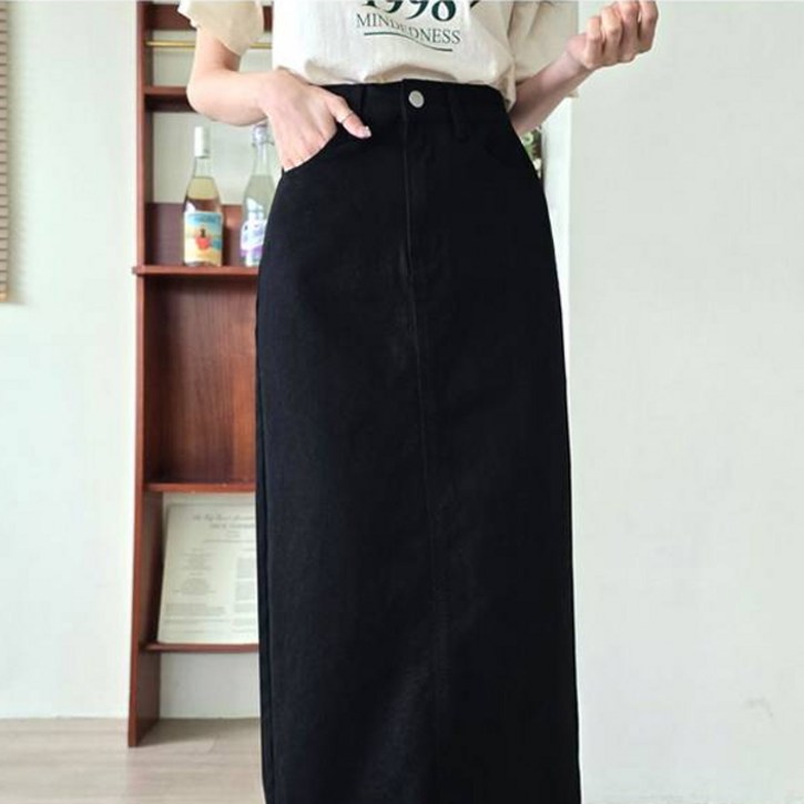 플랜데이 코튼 뒷트임 H라인 뒷밴딩 롱스커트