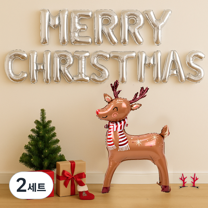 파티쇼 크리스마스 이벤트 레터링 가랜드 실버 + 루돌프 풍선 세트