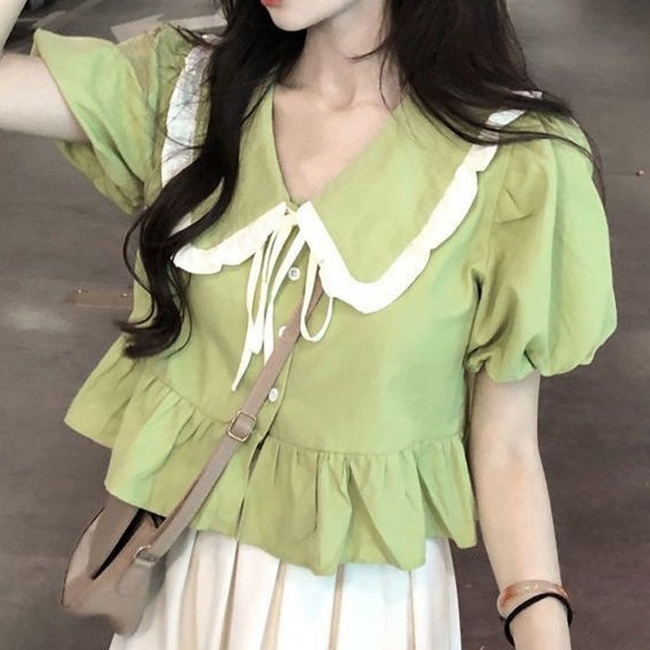 더시럽 여성용 베이비돌 퍼프 크롭 블라우스