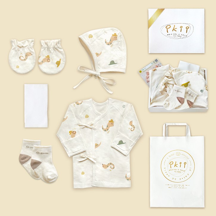 ikii 유아용 오가닉 배냇저고리 5종 출산 선물 포장 세트 사계절용 뱀 긴소매 + 쇼핑백