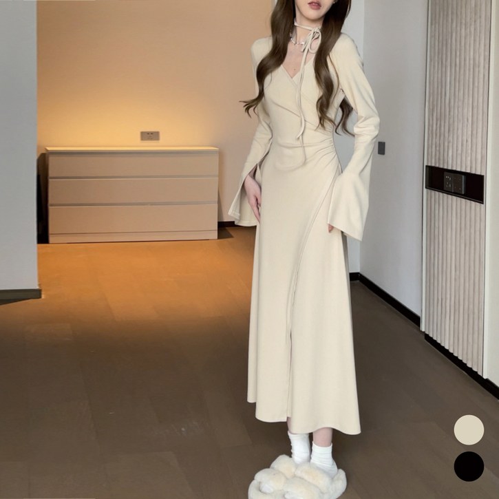 엘쏘 하객룩 머플러 + 셔링 브이넥 랩 긴팔 롱 원피스 세트